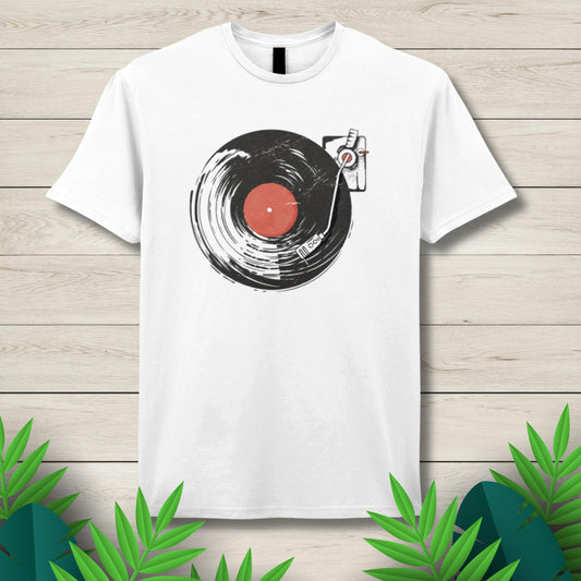 vintage record play on white graphic tee