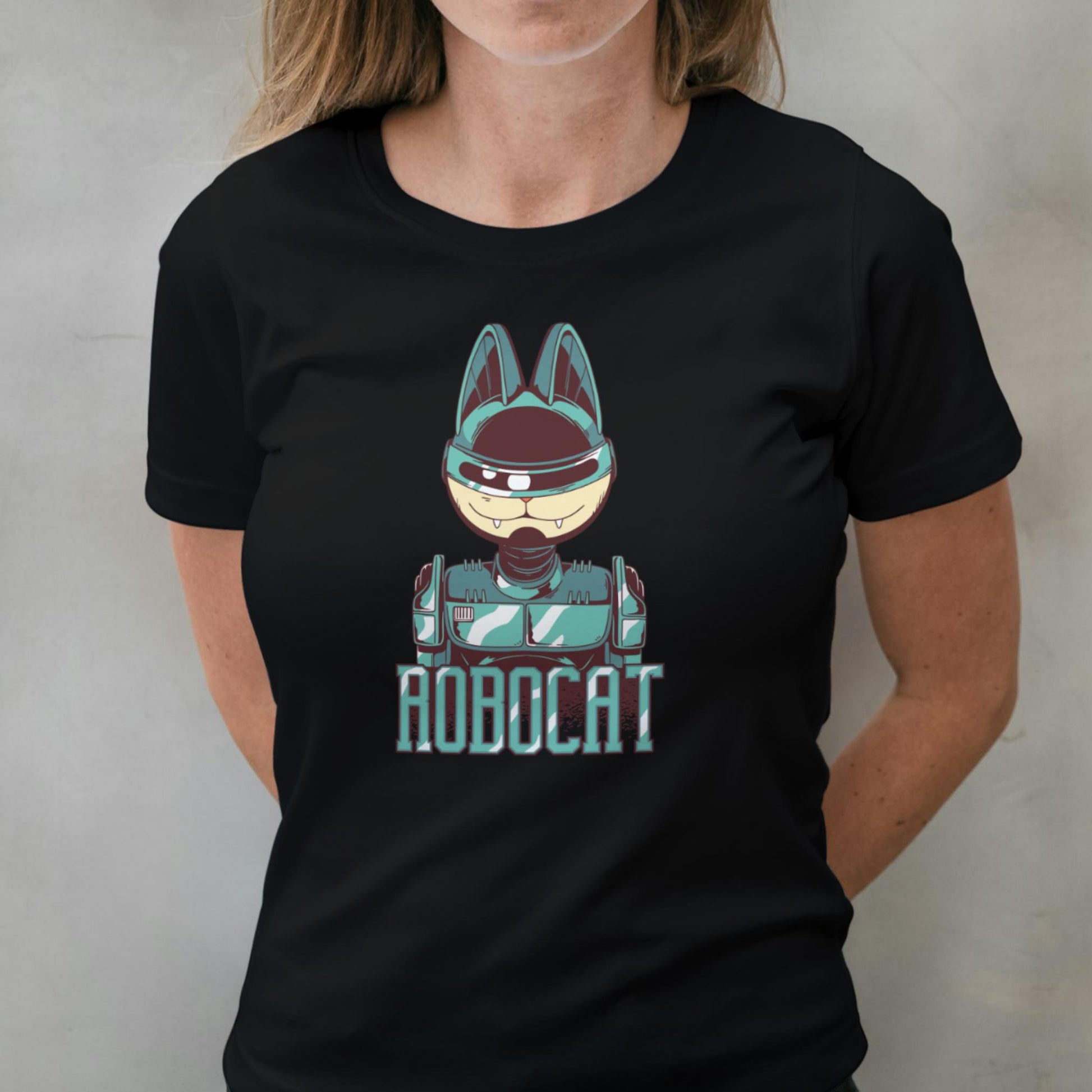 woman wearing robocat graphic tee