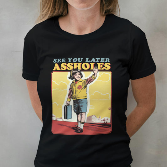 woman wearing assholes t shirt