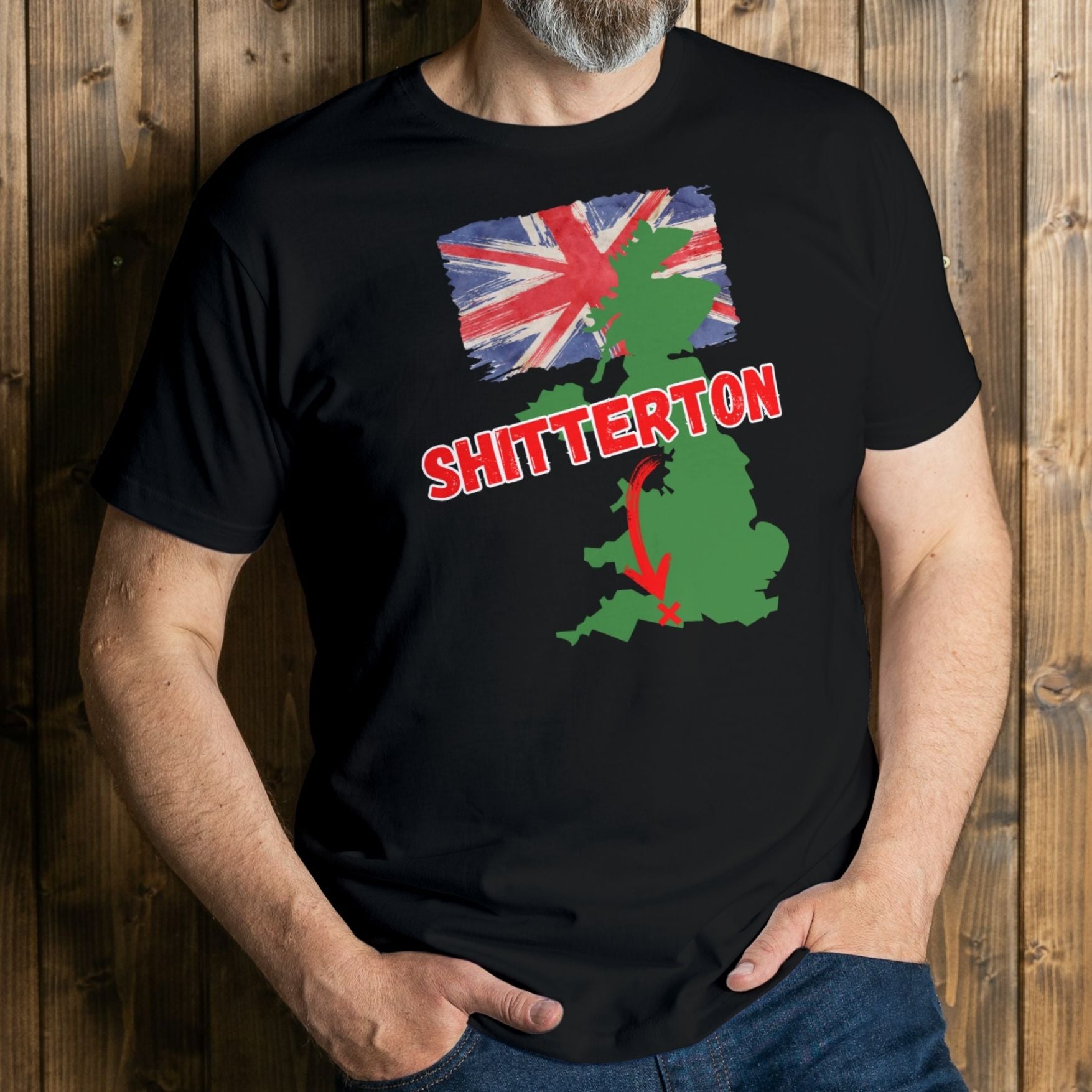man wearing shitterton graphic tee
