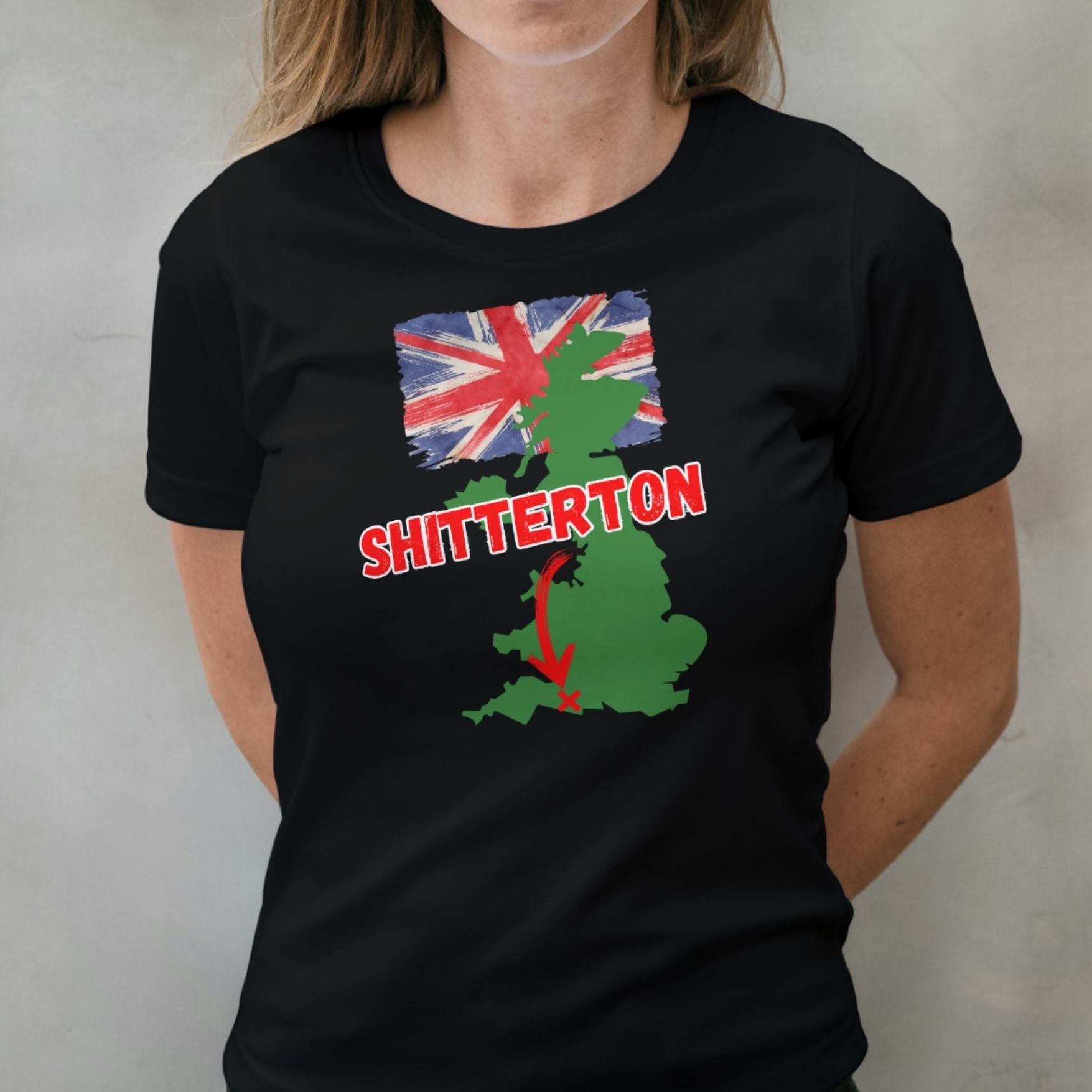 woman wearing shitterton graphic tee