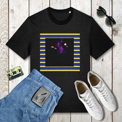 Black t-shirt with a colorful graphic design on a wooden surface with jeans, sneakers, and a cassette tape.