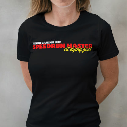 woman wearing speedrun master graphic tee