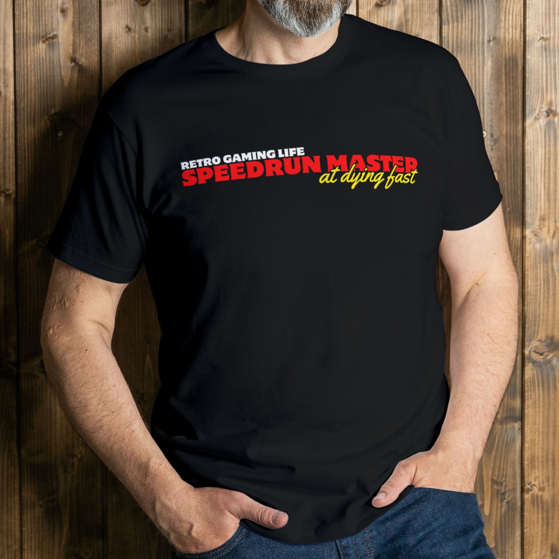 man wearing speedrun master graphic tee