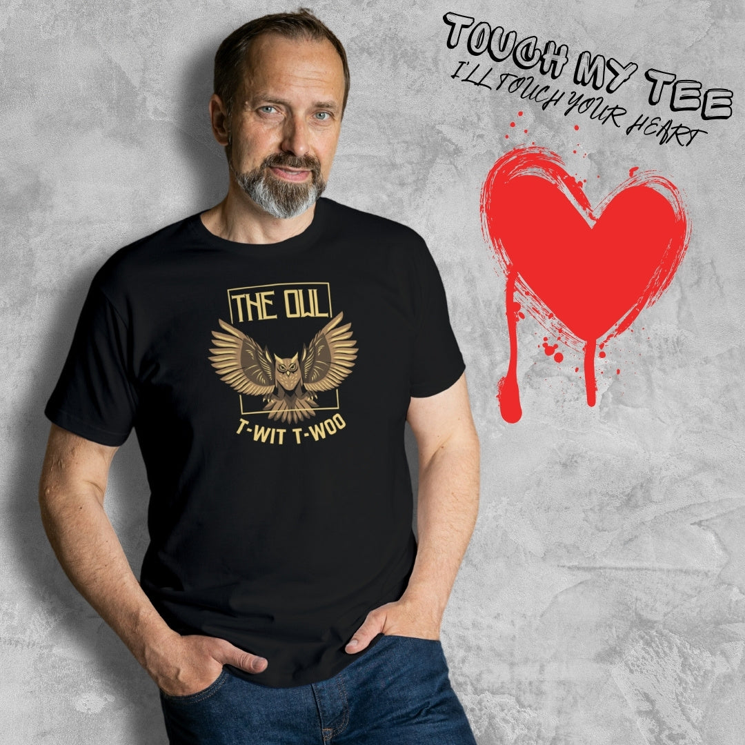 man wearing owl twit twoo t shirt
