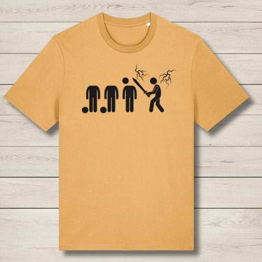Mustard yellow t-shirt with black graphic design on a wooden surface