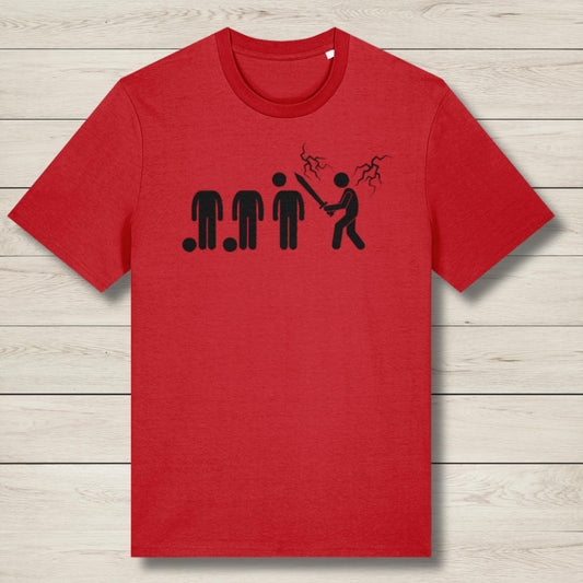 Red t-shirt with black graphic design on a wooden surface