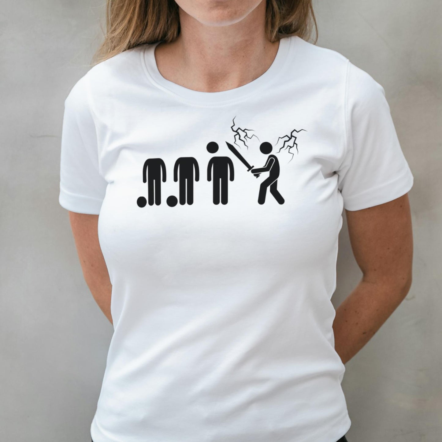 White t-shirt with black graphic design on a plain background