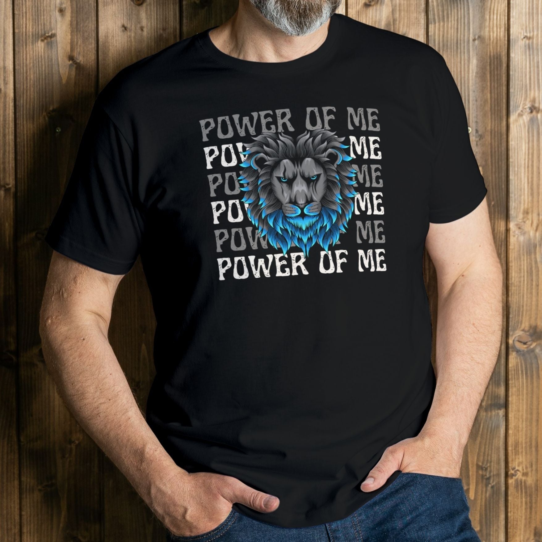 man wearing power of me graphic tee