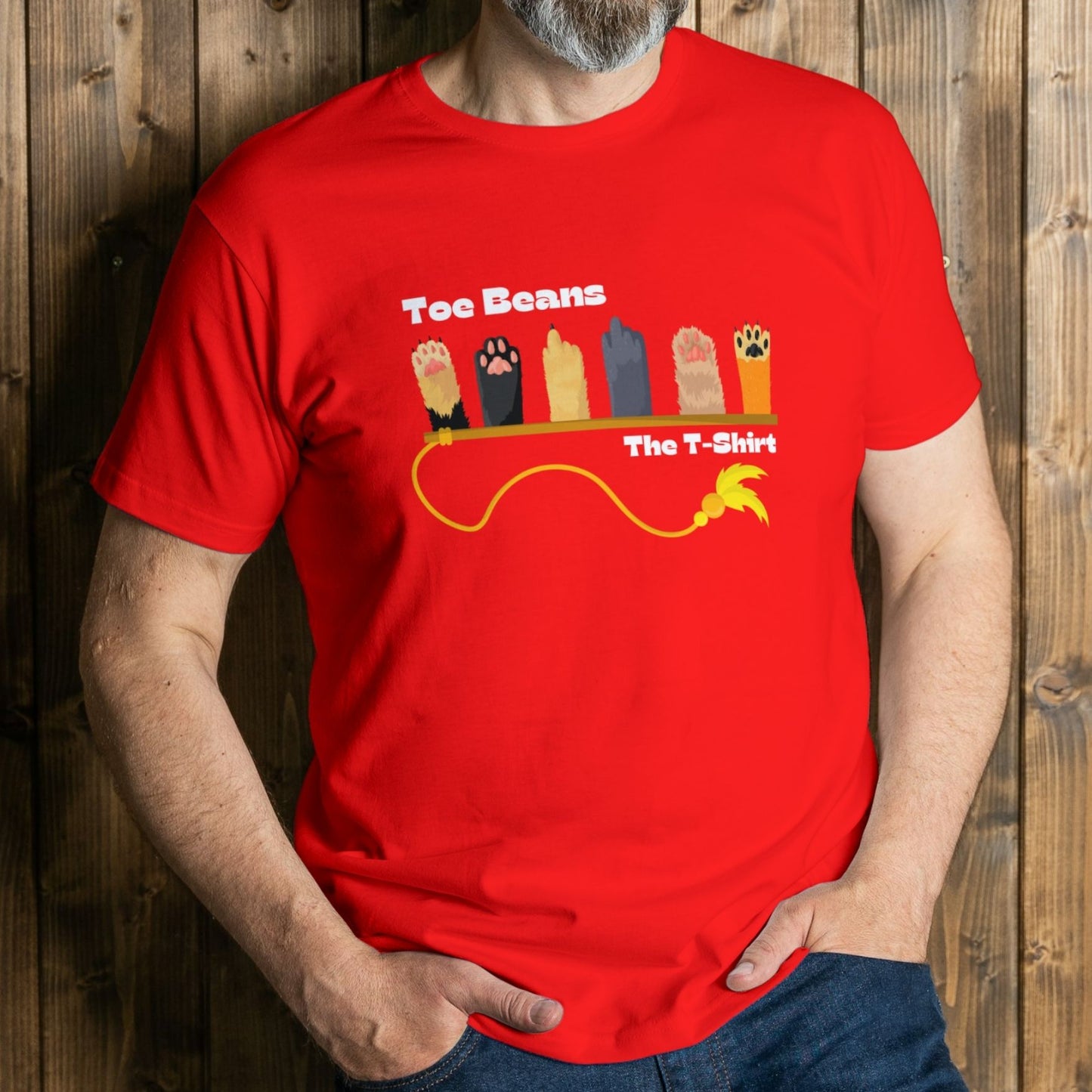man wearing toe beans graphic tee