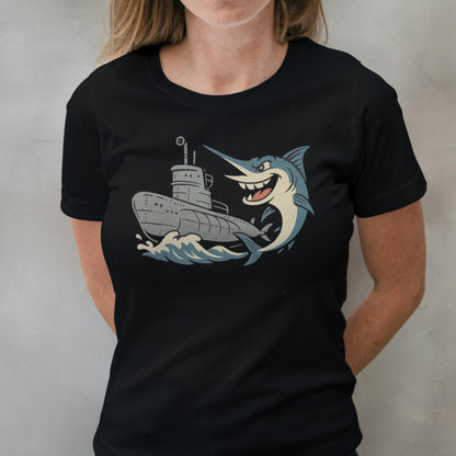Person wearing a black t-shirt with a graphic design of a shark attacking a ship.