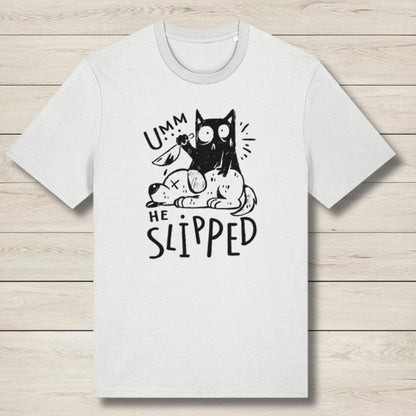 White t-shirt with a black cat graphic and text on a wooden surface