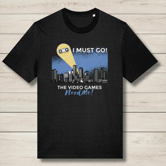 Black t-shirt with graphic design and text on a wooden surface