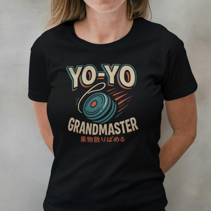 Person wearing a black t-shirt with 'YO-YO GRANDMASTER' graphic design.